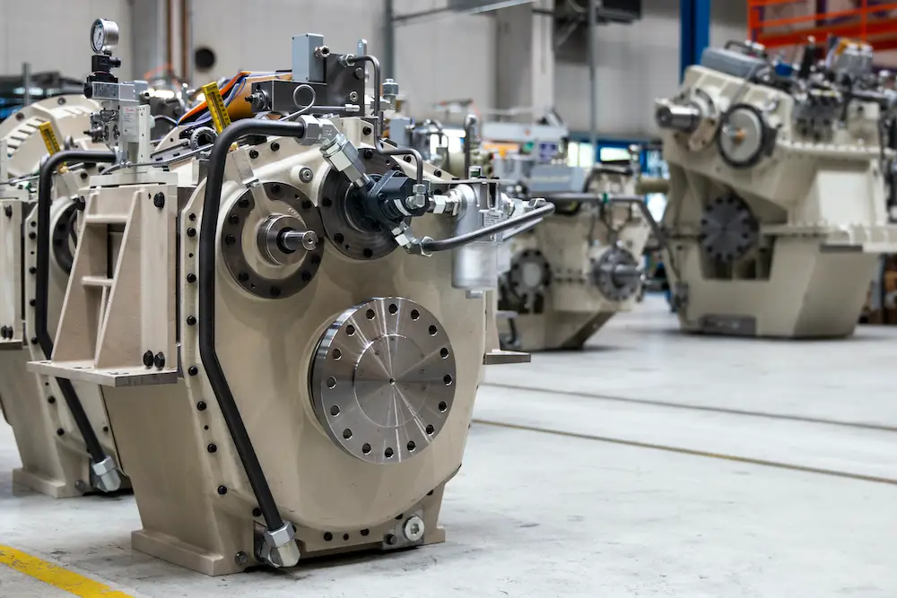 Reintjes marine gearbox housing ready for protective paint coating in manufacturing facility