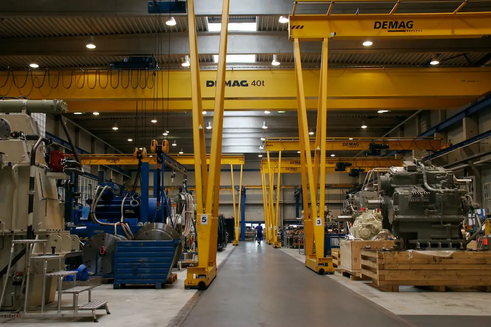 Industrial assembly of large Reintjes marine gearbox for commercial vessel applications