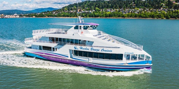 Harbor Breeze Cruises’ hybrid passenger vessel El Escudo underway on the water near Bellingham, Washington.