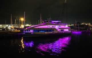 El Escudo illuminated at night while docked