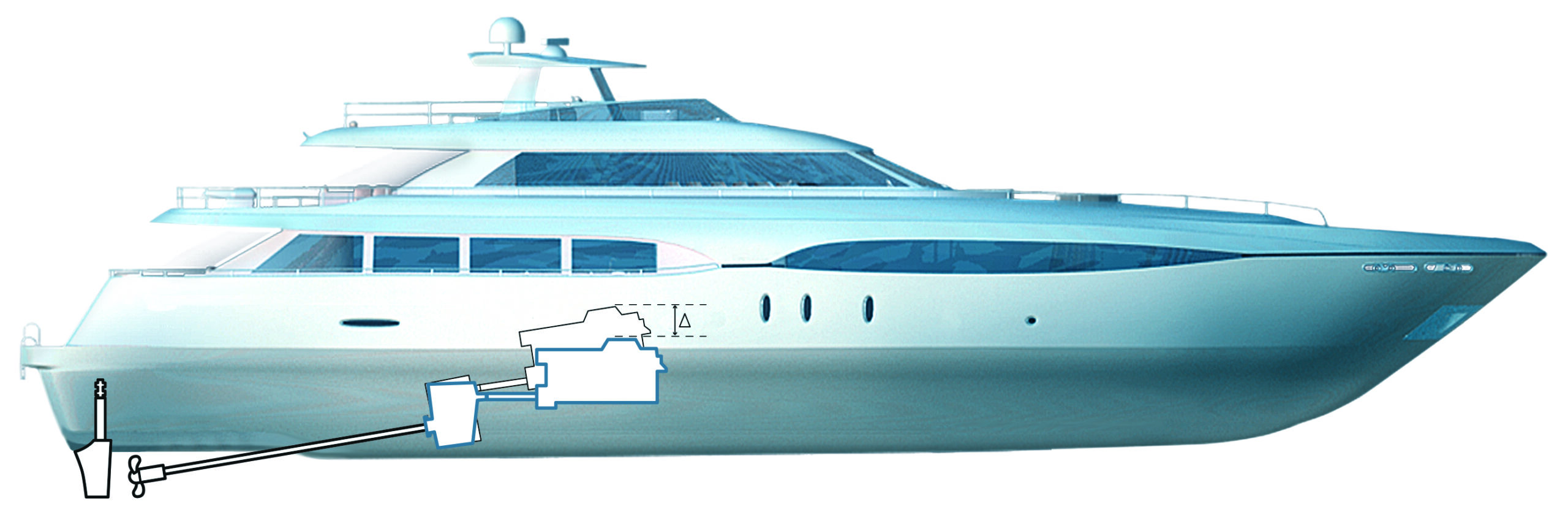 Down-angle gearbox installation in a fast yacht